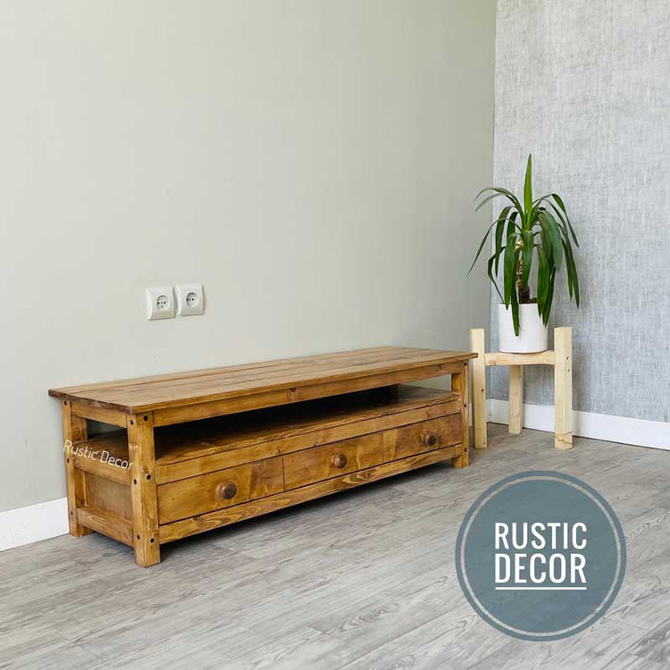 میز تلویزیون چوبی روستیک دکور مدل سه کشو