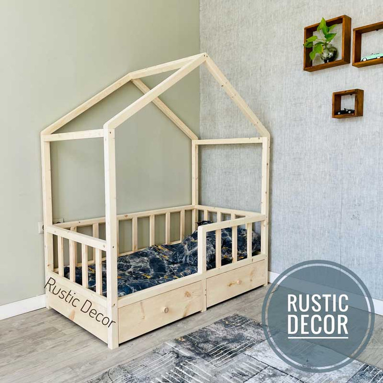 تخت خواب نوزاد کلبه ای کشو دار به رنگ کرم