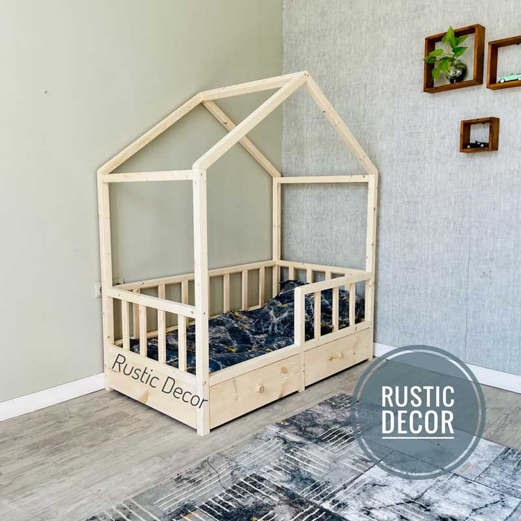 تخت خواب نوزاد کلبه ای کشو دار از نمای بغل