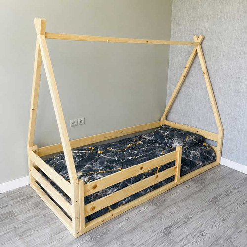 تخت کودک کلبه ای چوبی روستیک دکور
